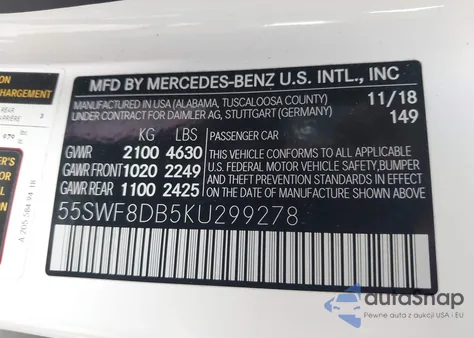 2019 Mercedes-Benz C 300 из США, поврежденный, VIN 55SWF8DB5KU299278